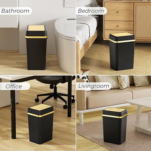 Bathroom Trash Can with Lid 4 Gallon Black Trash Can with Press Top Lid Bedroom Trash Can Small Garbage Can with 150 Counts Trash Bags for Small Bathroom Bedroom Office