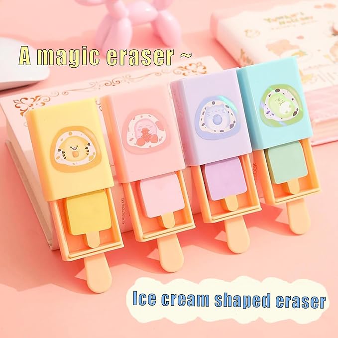 4pcs - Popsicle Shaped Fun Magic Box Eraser Cute Cartoon Ice Cream Chip Eraser-Fun erasers (4 Pieces)