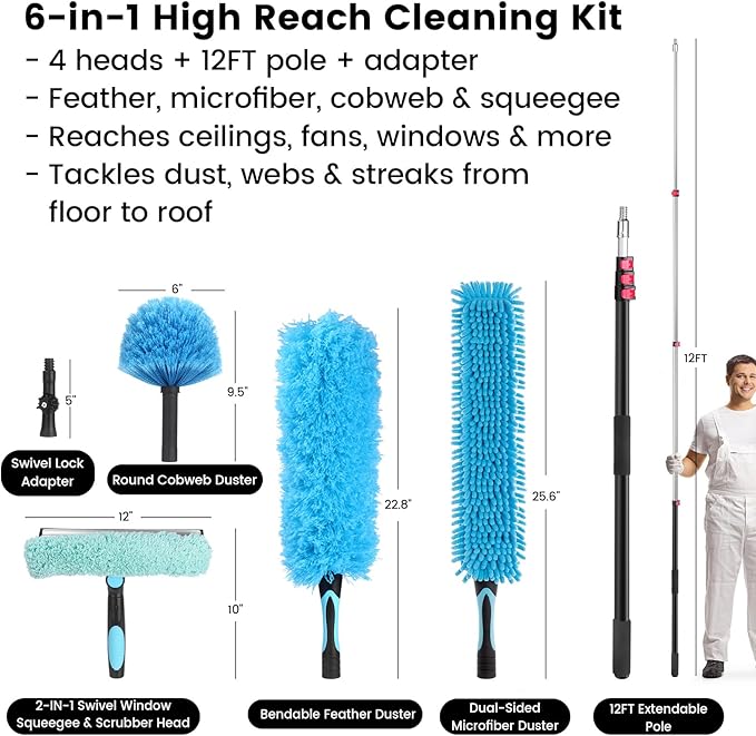 26FT High Reach Cleaning Kit - Includes 24FT Telescoping Extension Pole Bendable Chenille Duster & Microfiber Duster Cobweb Duster Glass Scrubber & Squeegee Swivel Head - for Ceiling Fans Windows