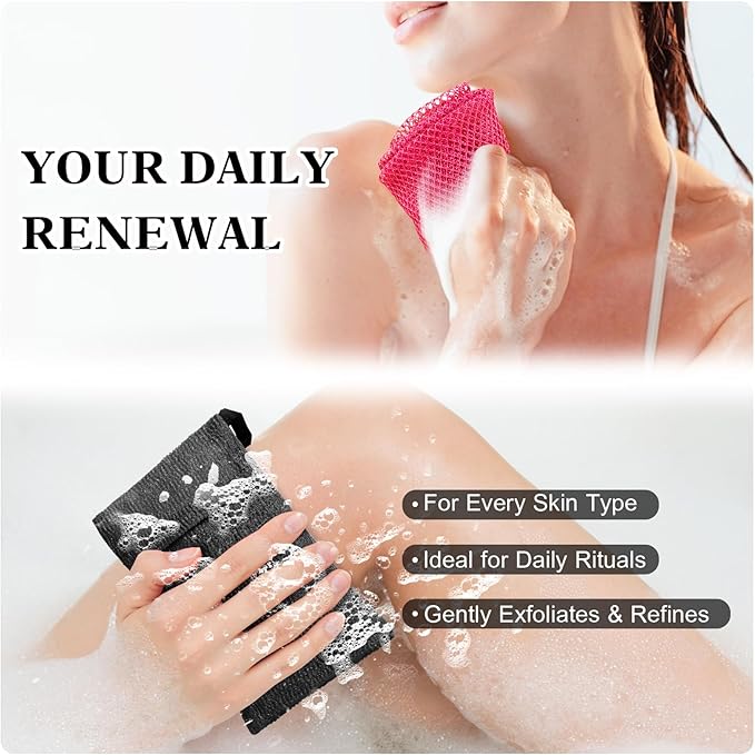 African Net Sponge with 2 Soap Saver Bags - Exfoliating Body Scrubber Set for Shower, Reusable Bar Soap Pouch & Bath Washcloth for Deep Cleaning - Rose Red & Black, Blue