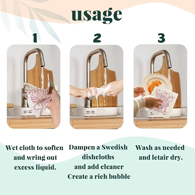 Beach Ocean Sells Swedish Dishcloths for Kitchen, Pink Salty Soul Sells Swedish Dish Cloths for Ocean, 4 Pack Dish Towels for Kitchen washcloths, Papaya Reusable Paper Towels Washable