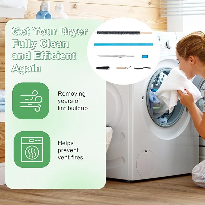 5 Pcs Dryer Vent Cleaner Kit Compatible with Most Vacuum Cleaner, Dryer Lint Brush and Vacuum Hose Attachment with Universal Elastic Connector, Tweezers for Large Debris, Quickly Lint Remover