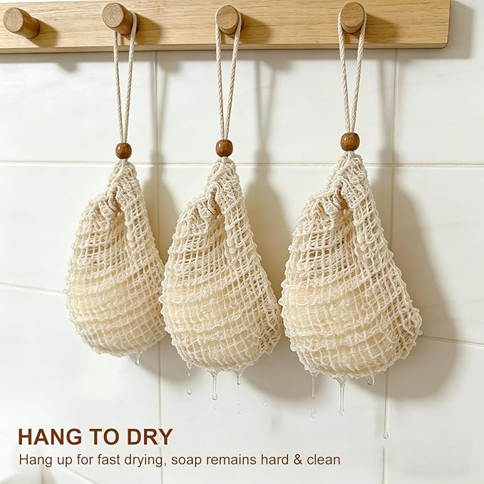 Soap Bag, 6-Pack - Sisal Soap Saver Bag for Shower & Bath, Bar Soap Pouch for Organic Handmade Soap, Post-Workout Body Scrubber for Gym & Travel, Reusable Soap Net
