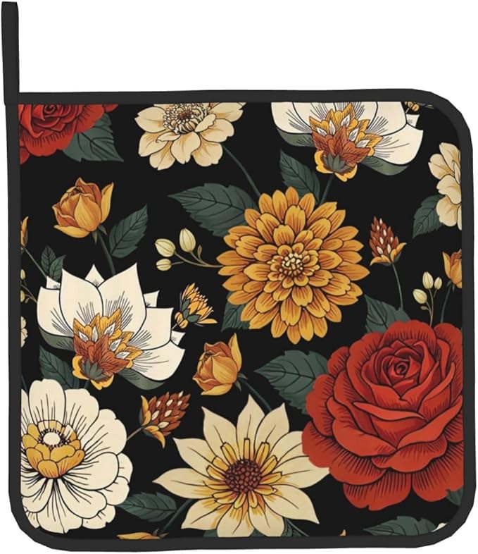 Boho Floral Oven Mitts and Pot Holders Sets of 2 Vintage Kitchen Mitts Bohemian Flower Hot Pads for Cooking Baking Grilling