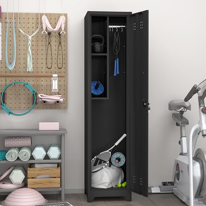 GREATMEET Slim Broom Storage Cabinets, Black Metal Cabinet with Shelves, Utility Storage Cabinet with Locking Door for Garage, School, Office, Shop