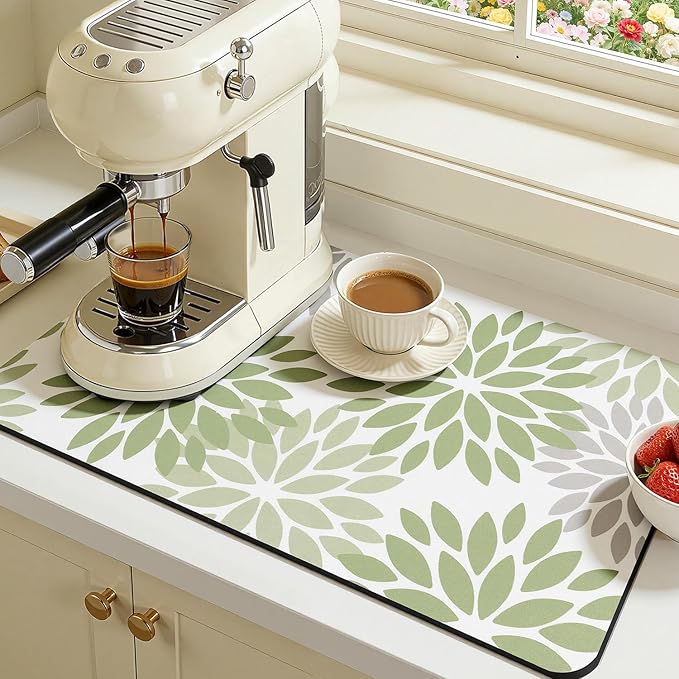 Findosom Floral Dish Drying Mat, 18" x 24" Super Absorbent & Hide Stain Coffee Mat, Cuttable Drying Mat for Kitchen Counter, Under Dish Rack, Coffee Maker, Espresso Machine, Sage Green