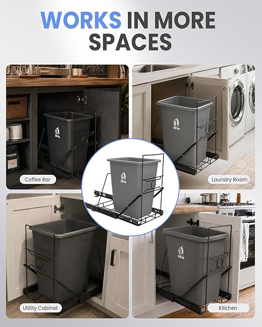 Stainless Steel Slide-Out Trash Bin Rack, Enhanced Heavy-Duty Cabinet Pull-Out System for 7–11 Gallon Cans, Black (Bin Not Included)
