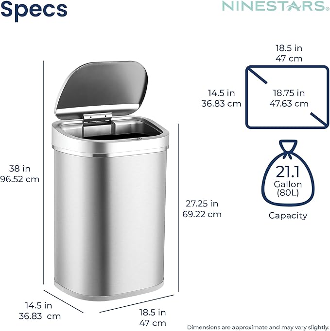 Ninestars DZT-80-35 Deluxe Automatic Touchless Infrared Motion Sensor Trash Can, 21 Gal 80L, Heavy Duty Stainless Steel Base (Oval, Silver/Brush Lid) Trashcan, Ss