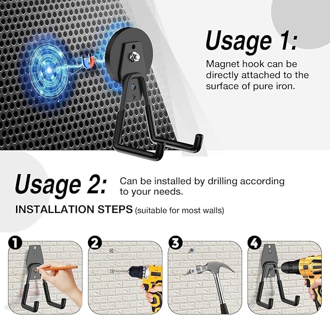 12 Pcs Magnetic Hooks Heavy Duty, Large Strong Magnetic Storage Hook for Hanging Garage Tool, 66mm Magnet Hooks with Anti-Slip Coating, Magnetic Holder for Power Drill/Metal Cabinet/Garden Tools