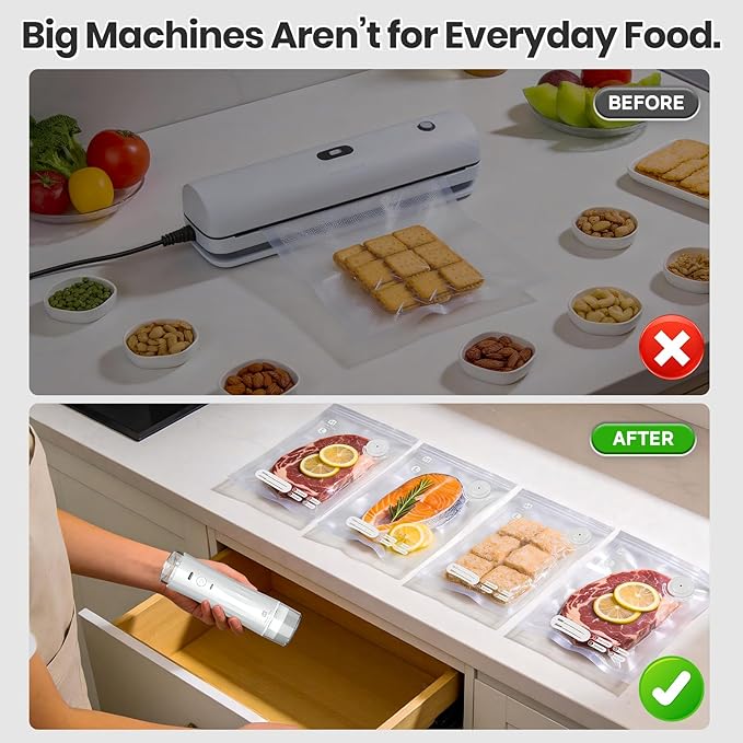 Compact Vacuum Sealer for Food: Handheld Vacuum Sealer with 15 Reusable Bags for Seal Meal Saver, Visible Water Tank Portable Food Sealer, Gifts for Mom, Wife, Chef