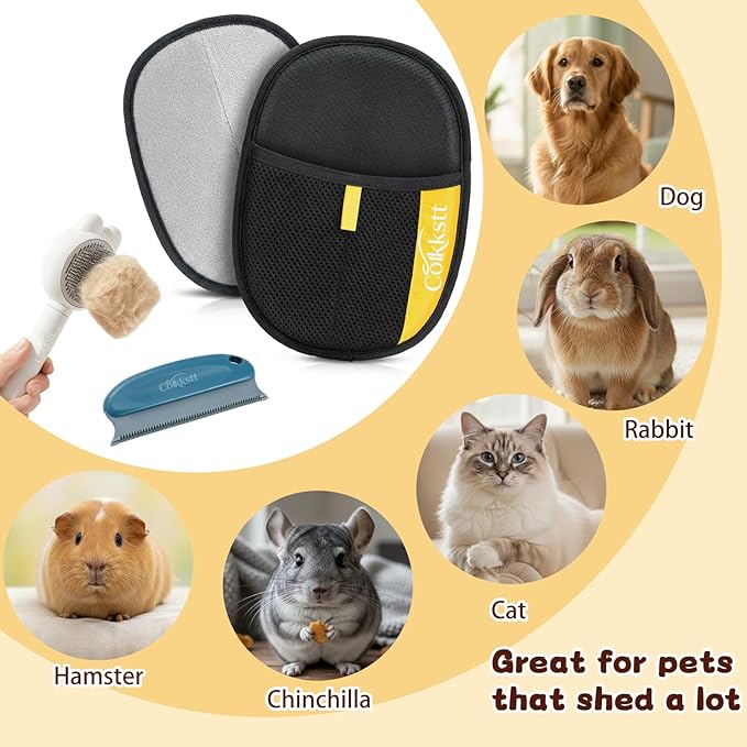 5Pcs Pet Hair Remover Glove Kit for Dogs & Cats - 2 Pack Grooming Gloves & Rubber Brush & Comb - Reusable Pet Hair Remover for Laundry for Furniture Carpet Car Interior Couch Bedding Auto Detailing