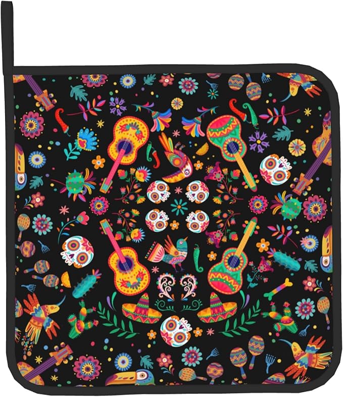 Mexican Oven Mitt Potholders Sets - Mexico Kitchen Mitts and Pot Holders Set of 2 Floral Skull Oven Gloves Hot Pads for Cooking Baking Grilling