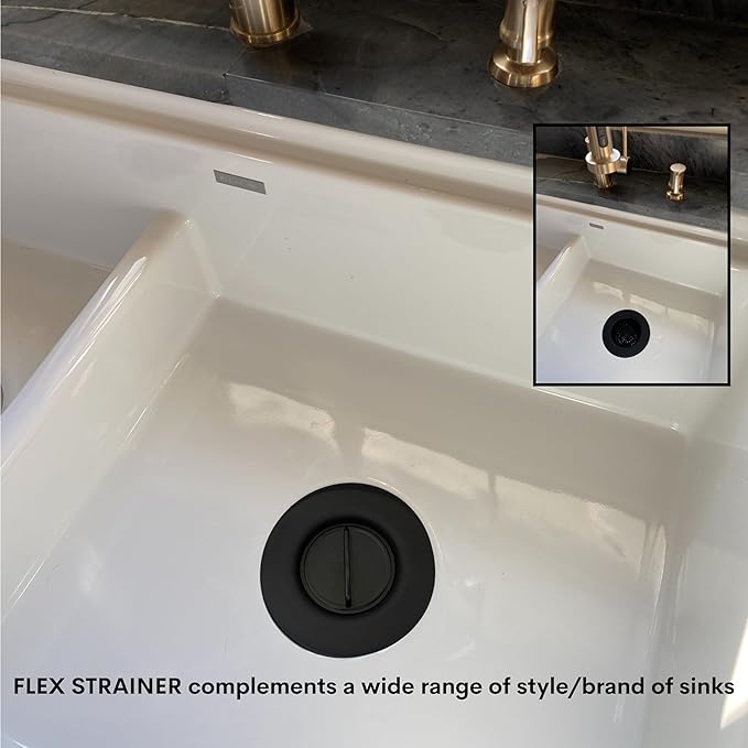 Flex Strainer® Sink Drain Strainer with Optional Stopper – No Center Stem, Fits Standard 3½” Sink Drains & Disposals – Easy Clean, Dishwasher Safe – Made in USA (Black, 3pc)