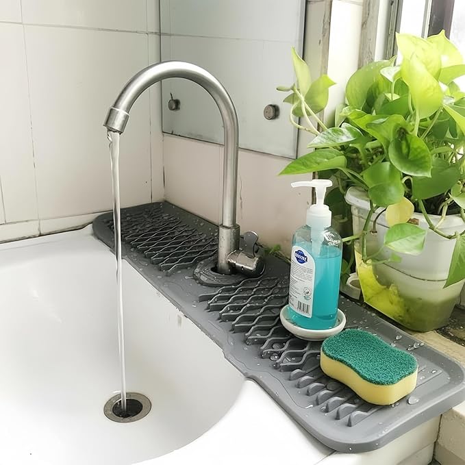 Silicone Faucet Handle Drip Catcher Beveled Drying Tray Mat Dish Soap Sponge Holder Accessories Gadgets for Kitchen Counter Bathroom Kitchen Sink Splash Guard (24")