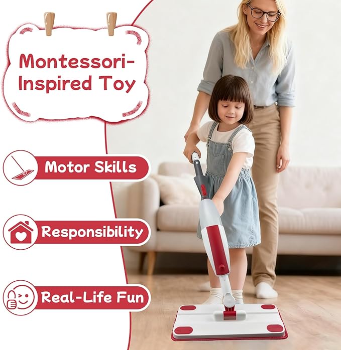 Kids Spray Mop - Fun & Educational Montessori Housekeeping Toys Mini Size Cleaning Set Includes Kids Mop with Real Water Sprayer Washable Microfiber Pads & Scraper