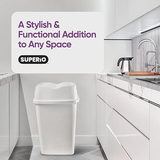 Garbage Cans with Swing Top-Split Lids, 2 Pack | Large Kitchen Trash Cans with Lids | Durable Plastic |Slim & Sturdy Trash Bins | Fingerprint Resistant | 13 Gal / 50 qt / 50 L - White | Superio