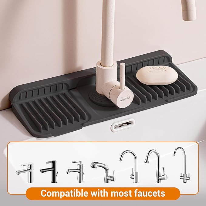 ZJWZLG Faucet Mat for Kitchen Sink, 14"X5.5" Silicone Sink Splash Guard with Soap Holder, Snap-On Design & 7°slope Fast Drain, Folding Sink Faucet Mat for Universal Kitchen Bathroom Sink(Black)
