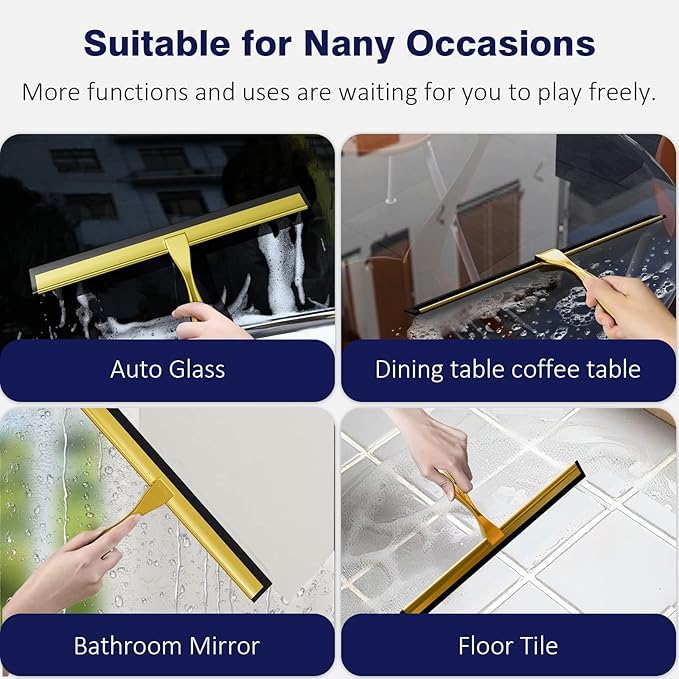 TOOVEM 12 Inch Shower Squeegee for Glass Doors, Window, Bathroom, Car Windshield, Shower Cleaning Tools with S Hook, Square Sticky Hook(Gold)