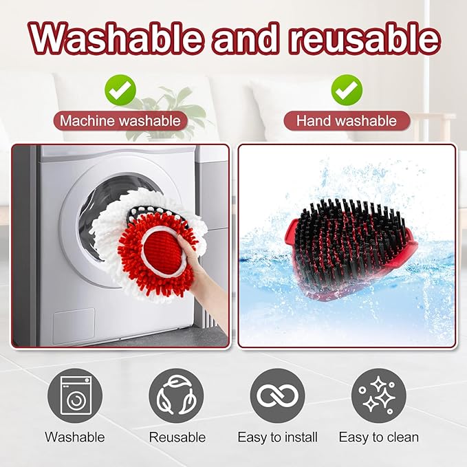 Mop Head Replacements Compatible with OCedar EasyWring, 6 Packs Mops Heads with 1PCS Scrub Brush and 1PCS Spin Mop Base, Dry and Wet for Hard-Surfaced Floors