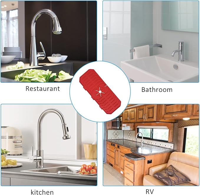 Silicone Faucet Handle Drip Catcher Tray, Faucet Mat for Kitchen Sink Splash Guard Behind Faucet for or Bathroom Farmhouse Bar Countertop RV(Red), 14.6x5.9x0.2
