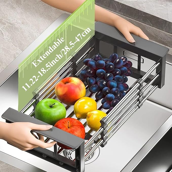 Dish Drying Rack, Adjustable Stainless Steel Drainer Basket Drain Tray for Dishes, Vegetables, and Fruit, On or in Sink Kitchen Basket (Black)