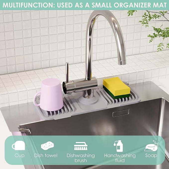 24 Inch Silicone Faucet Mat for Kitchen Sink Splash Guard - 7Β° Slope Water Draining Mat With Fasten Button for Bathroom Area (Gray, 14.6''x5.5'')