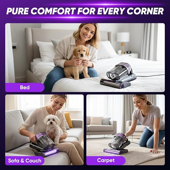 Saker Mattress Vacuum Cleaner, Handheld Bed Vacuum Cleaner with 16KPa Suction UVC Light, 140°F Heated Air, HEPA Filter, Aroma Function, 16.4FT Cord for Cleaning Bed, Sofa, and Couch