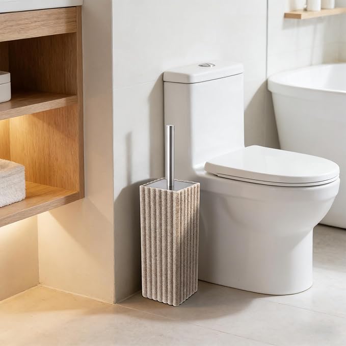 Toilet Bowl Brush and Holder for Bathroom,Resin Toilet Brush and Holder Set with Stainless Steel Handle,Deep Cleaning Modern Toilet Cleaner Brush -Space Saving, Covered Brush (Beige)