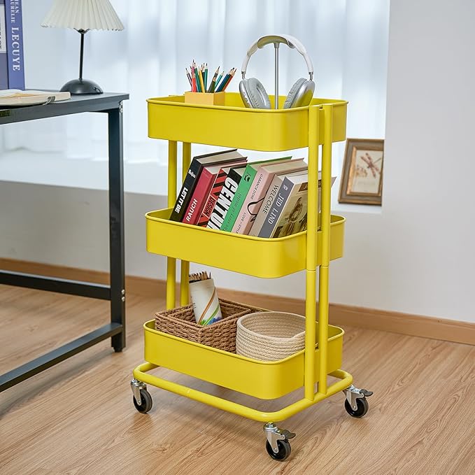 3 Tier Rolling Cart Metal Heavy Duty Utility Cart with Silent Caster Lockable Wheel Multi-Functional Organization Carts Storage Trolley with Mesh Shelves for Office Kitchen Living Room Yellow