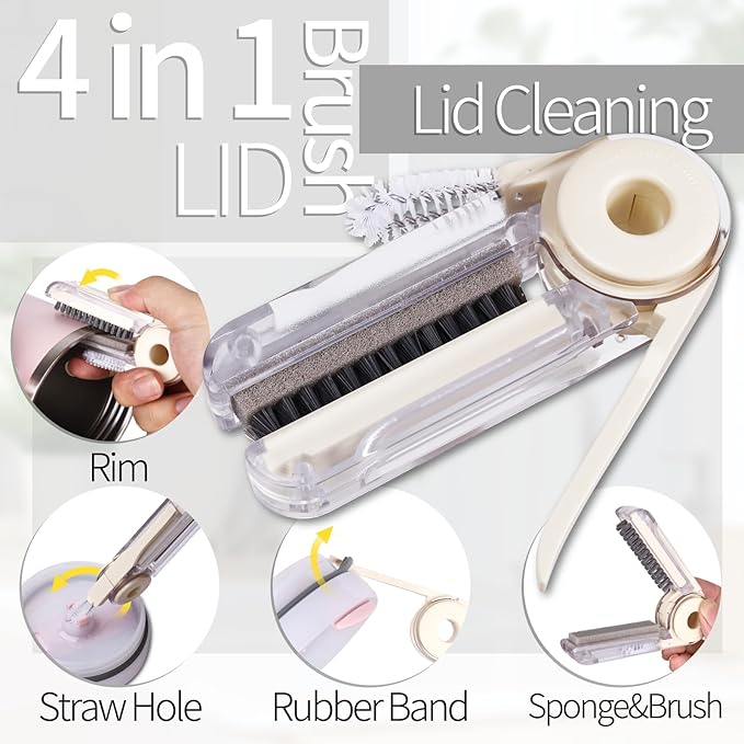 Bottle Brush Set 4 Pack - 15 Inch Long Handle Bottle Brush Cleaner with Stainless Steel Shaft, Straw Cleaner Brush and Lid Brush for Bottles, Thermos, Glasswares, Mugs, Cups, Tumblers