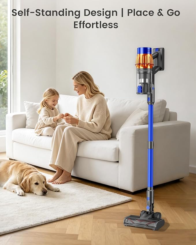 Cordless Stick Vacuum Cleaner, 650W 55KPA Up to 70Min Runtime, Green Light Anti-Tangle Brush, 7-Stage HEPA Filtration, Lightweight for Pet Hair Carpet Hard Floors (Blue)