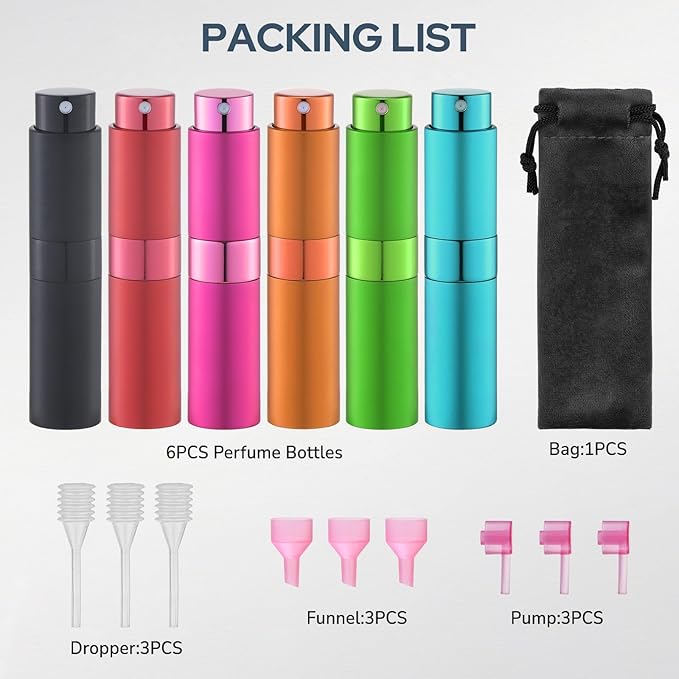 Lulupack Travel Perfume Bottle Refillable - Cologne Spray Atomizer Mini - Small Travel Size Empty Sprayer for Refill Sample Container - Portable Fragrance Decant Dispenser for Women Men 8ml 6PCS Pink