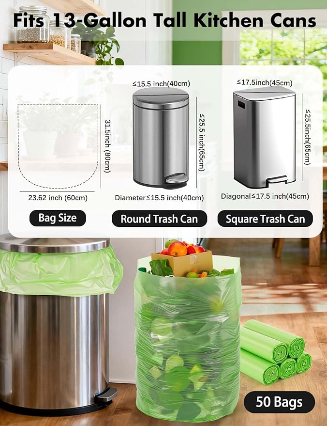 Trash bags 13 Gallon Biodegradable: Aievrgad Garbage bags for tall kitchen trash can liner, 50 count,Unscented, Heavy Duty, Thickened, for food/kitchen waste or Graden,green 50L