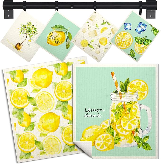 Swedish Dishcloths for Kitchen | 6 Pack Floral Reusable Paper Towels Washable | Swedish Dish Towels | Non-Scratch Cellulose Sponge Cloths | No Odor, Biodegradable Cleaning Cloths, Lemon