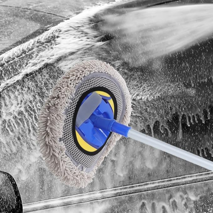 2pcs Car Wash Brush Mop Kit with Soft Scratch-Free Chenille Replacement Heads, Long Handle Extendable Car Cleaning Brushes for Exterior Care and Garage Use