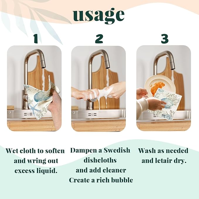 Beach Swedish Dishcloths for Kitchen, 4 Pack Watercolor Dish Towels for Kitchen, Blue Swedish Dish Cloths, Reusable Paper Towels Washable, Sponge Cloths