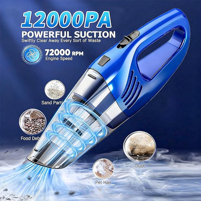 Car Vacuum Portable Cordless β 12000PA Strong Suction, Lightweight & Rechargeable β Includes Multi-Nozzle Attachments for Car, Home, Office, and Pet Hair β Compact & Powerful Azure Vacuum