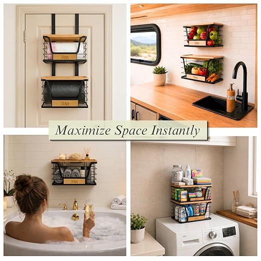 Over-the-Door Trash Bag Holder, Organizer and Dispenser, Stackable 2-Baskets with Heavy-Duty Hooks, 22 lbs Capacity, Carbon Steel, Bonus Adhesive Mounts, Multiuse Kitchen and Home Organizer