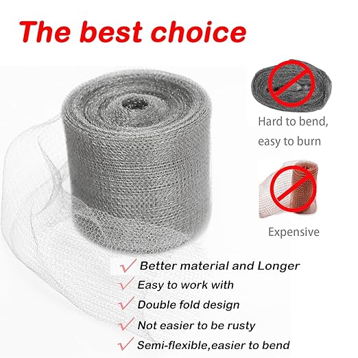 Wire Mesh for Mice Control 5 in X 53Ft,Upgraded Steel Wool Mice Control and Copper Mesh,Hole Fill Mesh Fabric,Weep Holes Covers,Stainless Steel Wire Mesh Roll Not Rusty, Rodent Tape Mesh Barrier