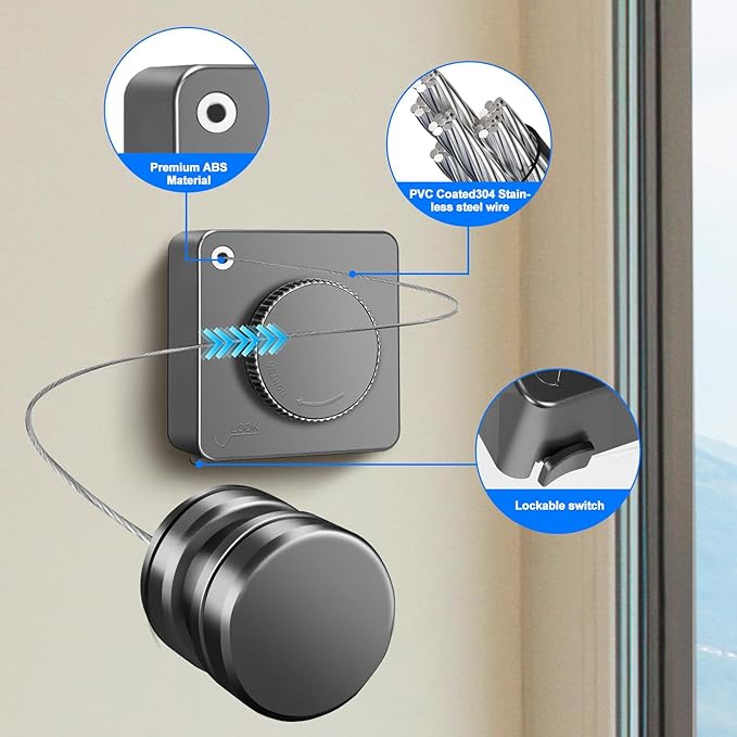 15.7Ft Retractable Clothesline Indoor is Also an Anti-sag Retractable Clothesline Outdoor,Stainless Steel Wire Laundry line Retractable for Drying Clothes ,with 12 Clip (Grey)