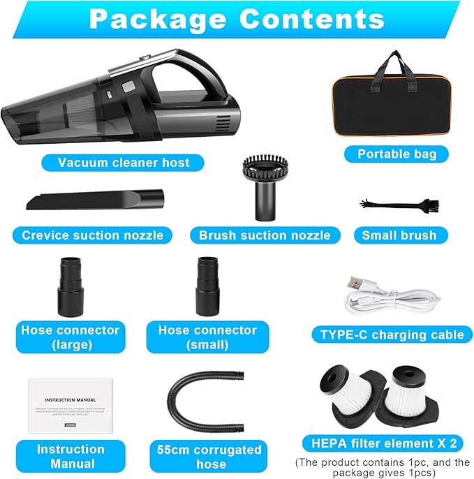 SAKOLD Handheld Vacuum Cordless Mini Portable Rechargeable Car Vacuum Cleaner with 11000PA Powerful Suction for Car Home and Office