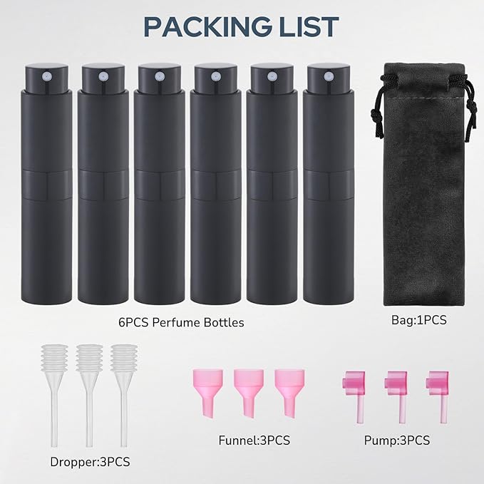 Lulupack Travel Perfume Bottle Refillable - Cologne Spray Atomizer Mini - Small Travel Size Empty Sprayer for Refill Sample Container - Portable Fragrance Decant Dispenser for Women Men 8ml 6PCS Black