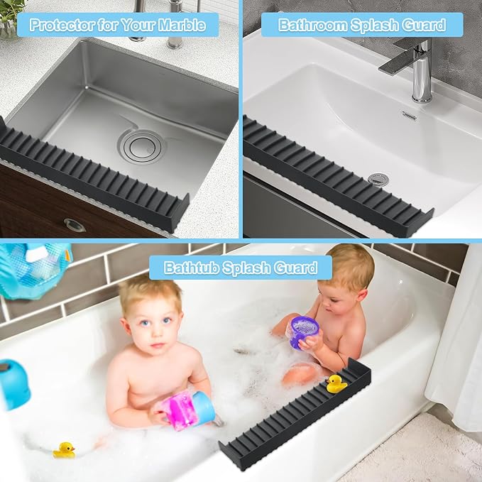 Silicone Faucet Splash Guard 4" x 14", Faucet Water Catcher Mat, Longer Silicone Sink Mat for Kitchen, Bathroom, Laundry Room, Farmhouse for Quartz Kitchen Sink(Black)