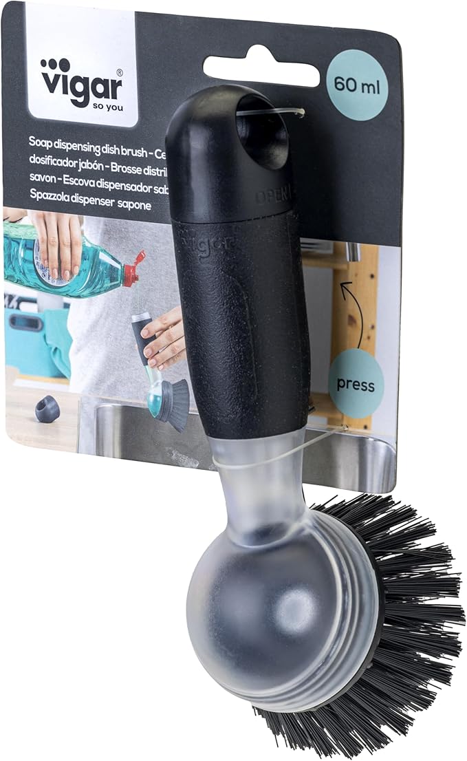 Vigar Rengo Dish Brush with Soap Dispenser - Dish Scrubber with Handle, Kitchen Scrub Brush for Dishes, Sink Cleaning Brush, Soap Dispensing Dish Wand with Nylon Bristles, Non Scratch - Black