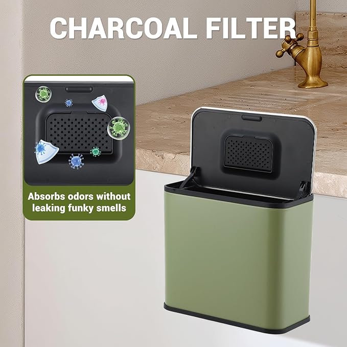 GarveeHome 1.3 gal/5L Countertop Compost Bin with Lid, Hanging Small Trash Can with Odor Control Charcoal Filter & Bucket Under Sink for Kitchen, Hanging/Wall Mounted/Standing Food Waste Bin, Green