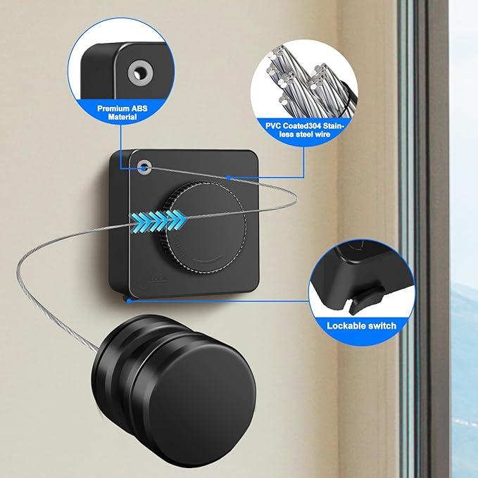 15.7Ft Retractable Clothesline Indoor is Also an Anti-sag Retractable Clothesline Outdoor,Stainless Steel Wire Laundry line Retractable for Drying Clothes ,with 12 Clip (Black)