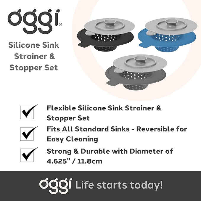OGGI Silicone Sink Strainer & Stopper Set- Great Kitchen Sink Strainer, Silicone Drain Stopper, Sink Drain Strainer, Sink Plug 4.6˝ Diameter Rim, Turquoise (Pack of 2)