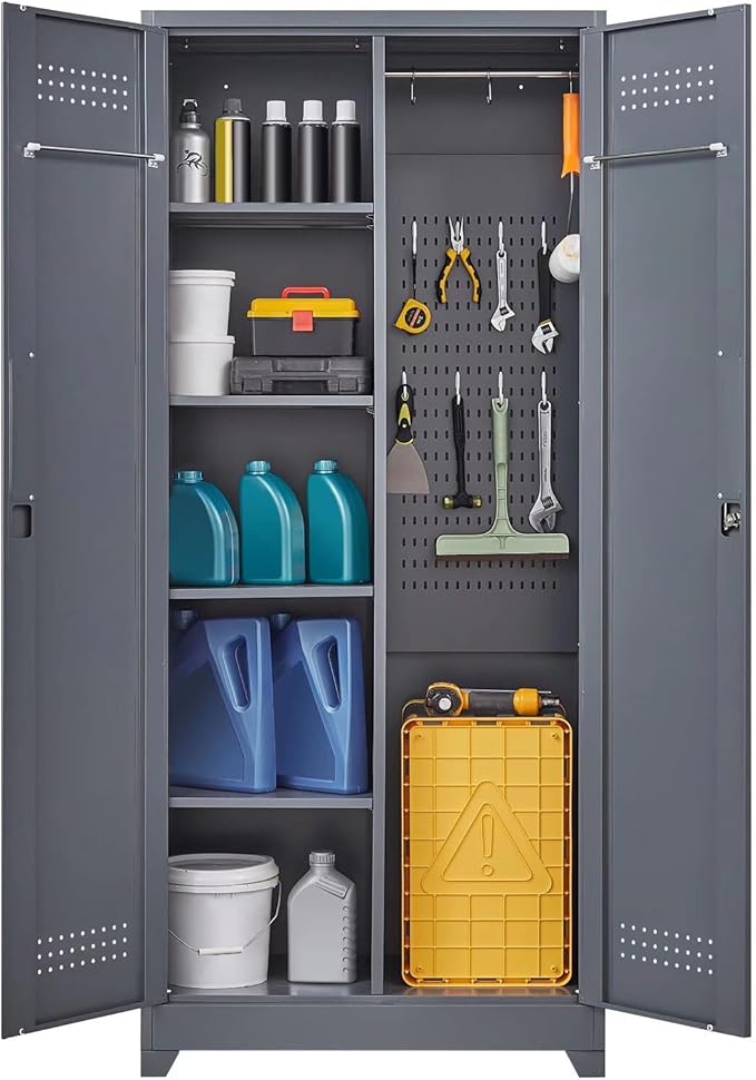 72" H Tall Metal Storage Cabinets, Freestanding Broom Closet Storage Cabinet with Locking Door for Cleaning Tool, Large Garage Cabinet Tool Organizer Storage Cabinet for Office, Grey