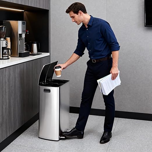 Garvee 16 Gal Dual Trash Can for Kitchen, Stainless Steel Garbage Can with Soft-Close Lids & Pedals, 60L Double Compartment Recycling Bin with Removable Inner Buckets for Office Commercial Use, Silver