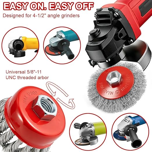 13-Pack Wire Wheel Brush for 4-1/2 Inch Angle Grinder, Heavy Duty Carbon Steel Knotted & Crimped Wire Wheels & Cup Brushes Set, Fits 5/8-11 Arbor Grinder Attachments for Rust & Paint Removal